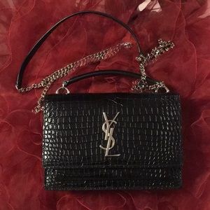 SAINT LAUREN- Sunset chain wallet in Crocodile embroider shiny leather.